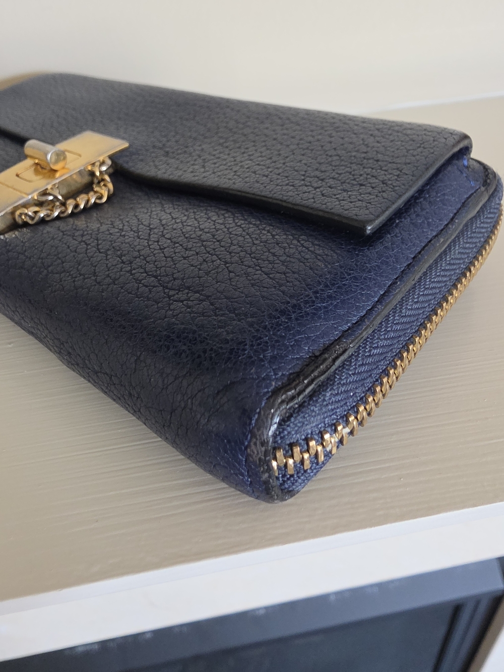 Chloe Navy Leather Zip Wallet with Gold Hardware And Chain Detail - Picture 10 of 14